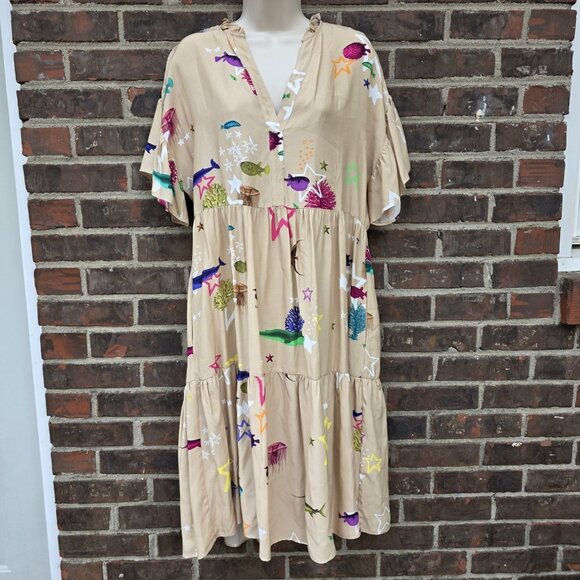 Vilagallo Dresses & Skirts - Vilagallo Size 42 Seashell Fish Ocean Dress Beige V-Neck Moby Print M 10